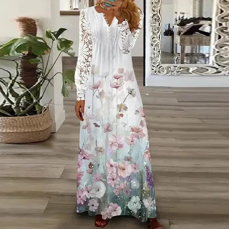 Cheky - Spring Summer Floral Print Long Dress Boho V Neck Long Sleeve Lace Patchwork Party Dresses For Women Fashion Holiday Maxi Dress