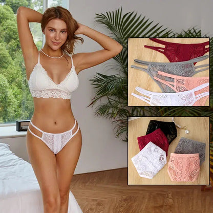 Cheky - 3Pcs/Set Sexy Lace Hollow Out Thongs Women Panties Low Waist Transparent G-String Underwear Female Breathable Intimates Lingerie