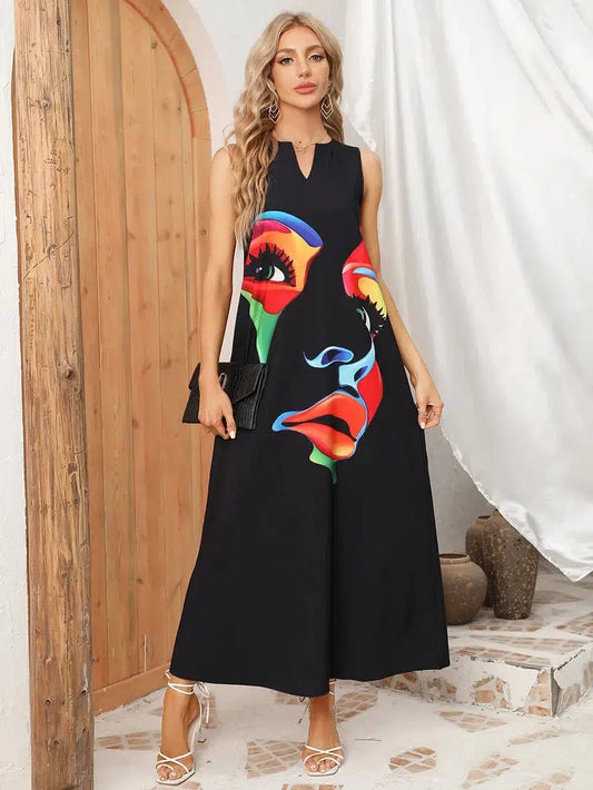 Cheky - Ladies Spring Summer Long Dress Women Black Sleeveless V-neck Loose Party Dresses Casual Face Print Vintage Beach Dress