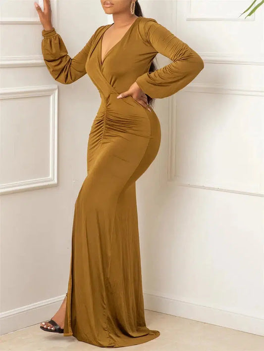 Cheky - Elegant Evening Dresses Long Patry Gown Sexy Deep V Long Sleeve Mermaid Bodycon Split Maxi Robe Femme