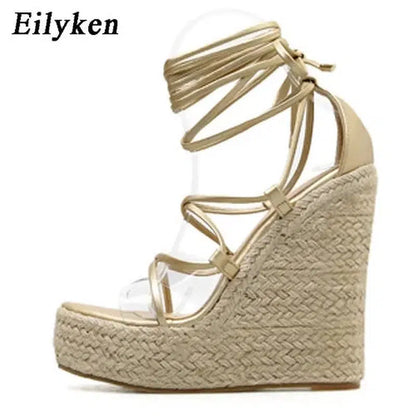 Cheky - Eilyken 2024 New Champagne Gold Wedges Sandals Women Lace-Up Peep Toe Summer High Heels Elegant Ankle Strap Shoes Large Size 42