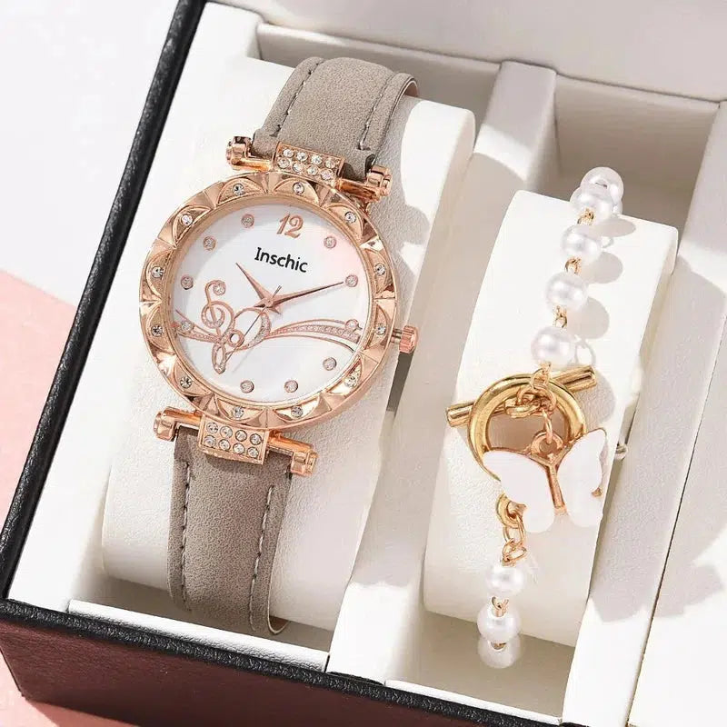 Cheky - Female New Luxury Ladies Watch Bracelet Set Quartz Wristwatch 2 PCS Set Women Watch Clock Gift Leather Strap Reloj Mujer