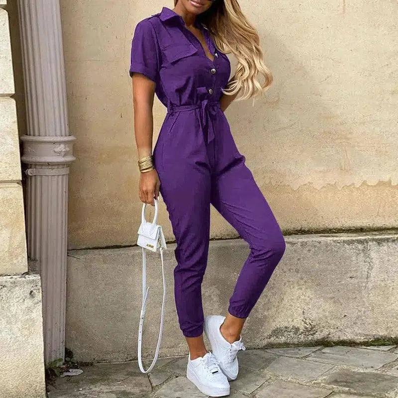 Cheky - Women's Monochromatic Belt Workwear Jumpsuit, Casual Pants, Flip Collar, Buckle, European and American, Summer, 2023