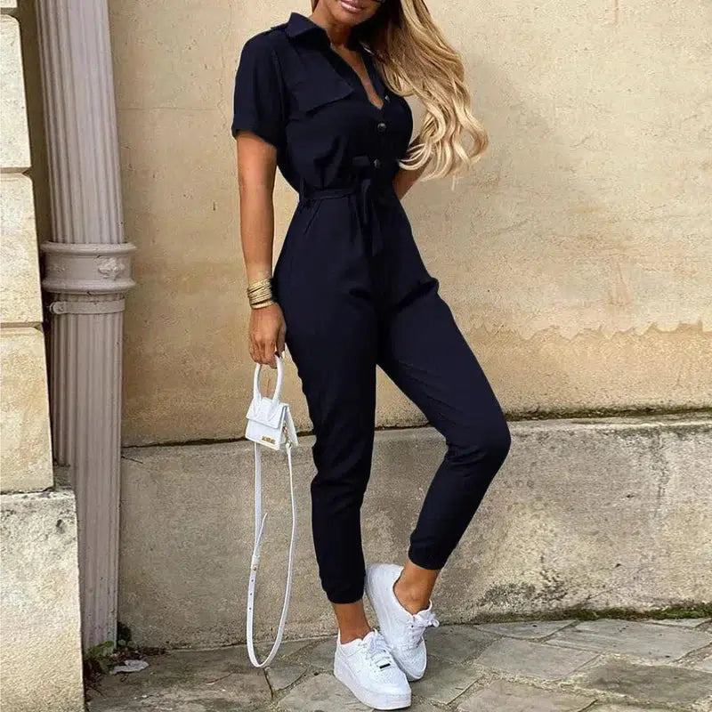 Cheky - Women's Monochromatic Belt Workwear Jumpsuit, Casual Pants, Flip Collar, Buckle, European and American, Summer, 2023