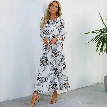 Cheky - 2023 Sping Summer Bohemian Women Maxi Dress Casual Long Sleeve High Waist Beach Woman Chiffon Dresses Floral Vestidoes Mujer New