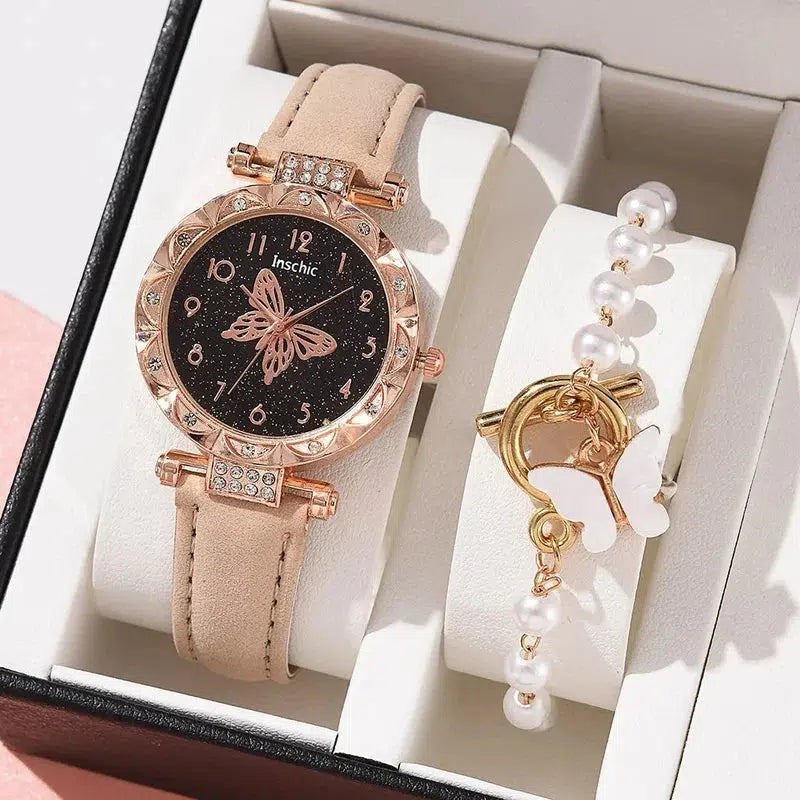 Cheky - Female New Luxury Ladies Watch Bracelet Set Quartz Wristwatch 2 PCS Set Women Watch Clock Gift Leather Strap Reloj Mujer