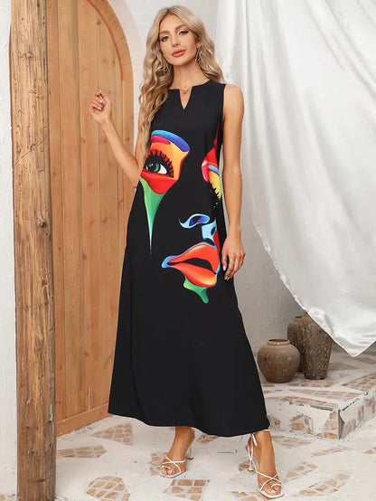 Cheky - Ladies Spring Summer Long Dress Women Black Sleeveless V-neck Loose Party Dresses Casual Face Print Vintage Beach Dress