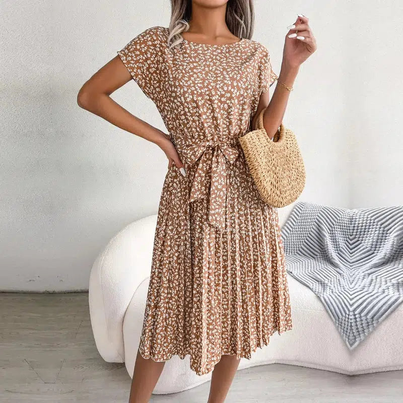 Cheky - Women Spring Summer Short Sleeve High Waist Chic Dress Fashion Floral Pleated A Line Long Dress