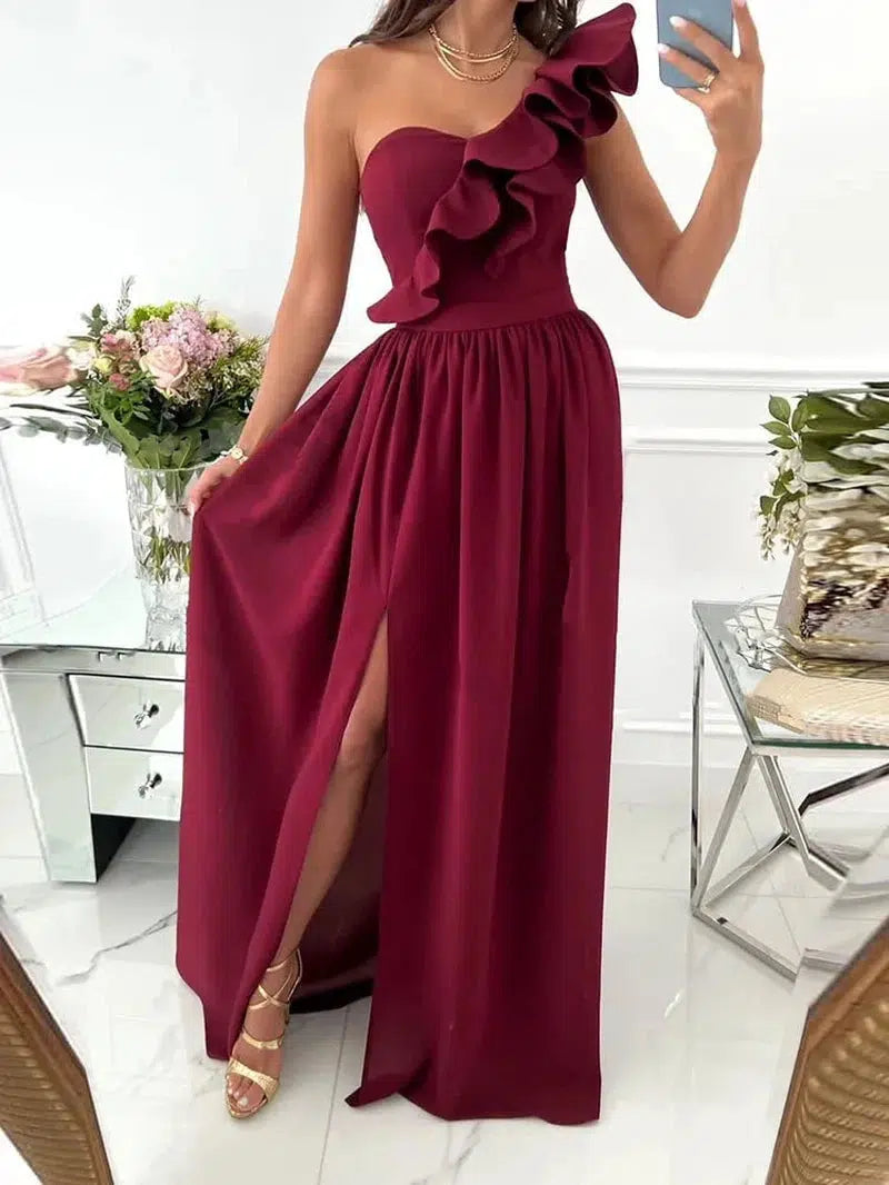 Cheky - Ladies Off Shoulder Diagonal collar Pleated Evening Dress Solid Sleeveless Ruffle Hem Elegant Dress Summer Sexy Slit Maxi Dress