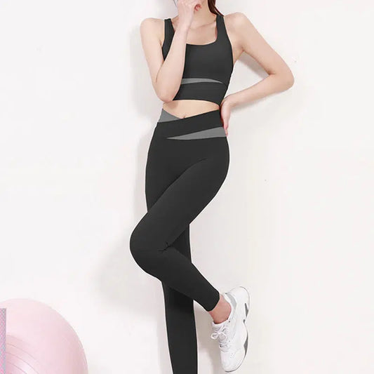 Cheky - High Waist Yoga Set Lady Gym Suit Sport Set Shockproof Sport Bra Crop Top Patchwork Tracksuit Women Fitness Outfit Training Wear