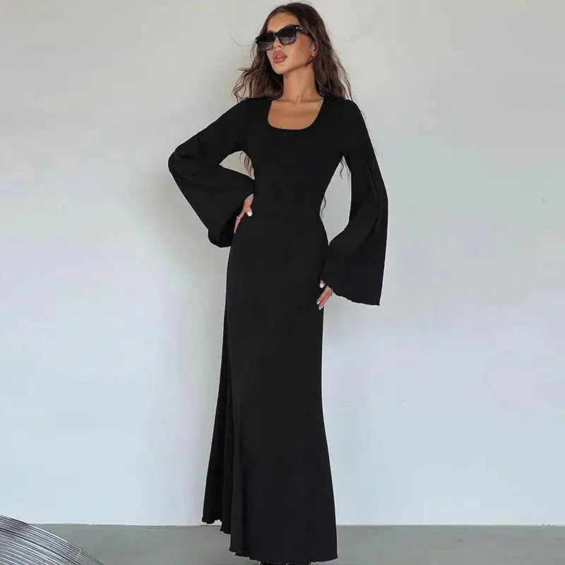 Cheky - Dulzura Solid Ribbed Trumpet Sleeves Maxi Dress Back Lace-Up Straps Elegant Casual Autumn Winter For Women Birthday