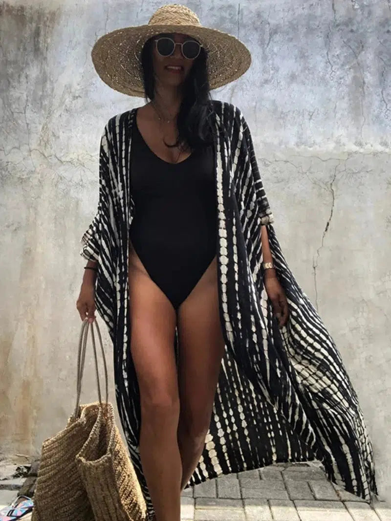 Cheky - Beach Cover Ups for Swimwear Women Black Tie Dye Kimono Swimsuit Cape Summer Dress 2022 Beachwear Outfits Sales