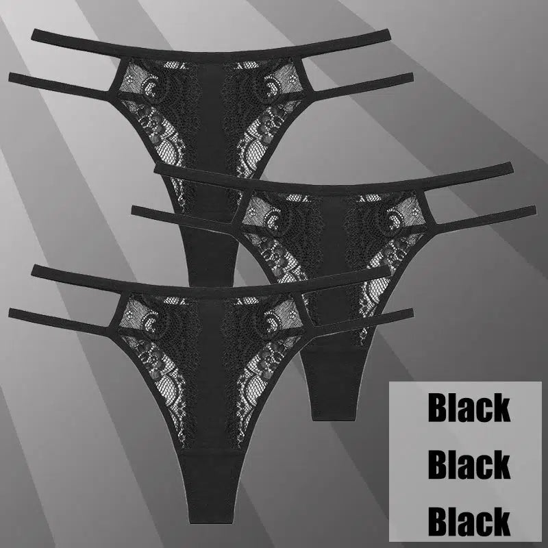 Cheky - 3Pcs/Set Sexy Lace Hollow Out Thongs Women Panties Low Waist Transparent G-String Underwear Female Breathable Intimates Lingerie