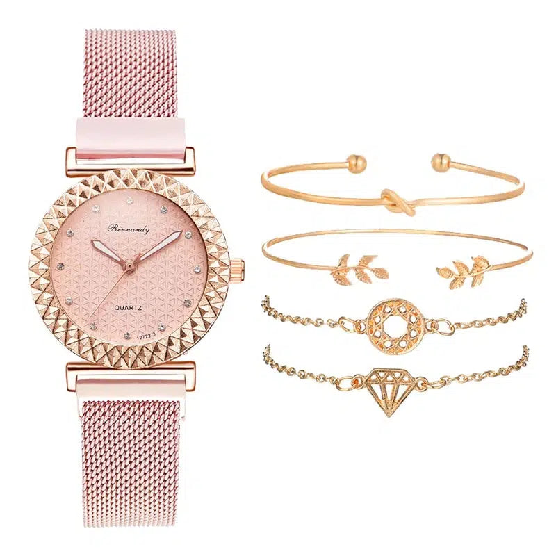 Cheky - 5PCS Women Watch Set Luxury Rose Gold Dress Quartz Watch Bracelet Ladies Sports Wrist Watch Clock Gift Women Relogio Feminino