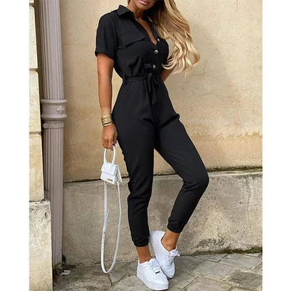 Cheky - Women's Monochromatic Belt Workwear Jumpsuit, Casual Pants, Flip Collar, Buckle, European and American, Summer, 2023