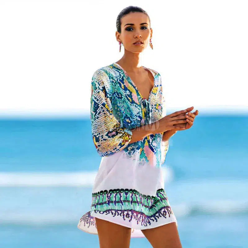 Cheky - New Arrivals Beach Caftan Swimsuit Cover up Print Chiffon Pareo Women Robe Plage Swimwear Dress Sexy Sarong Beach Tunic