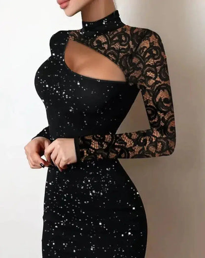 Cheky - Evening Dresses for Women New Elegant Sexy Party Wedding Guest Glitter Contrast Lace Cutout Long Sleeve Bodycon Mini Dress