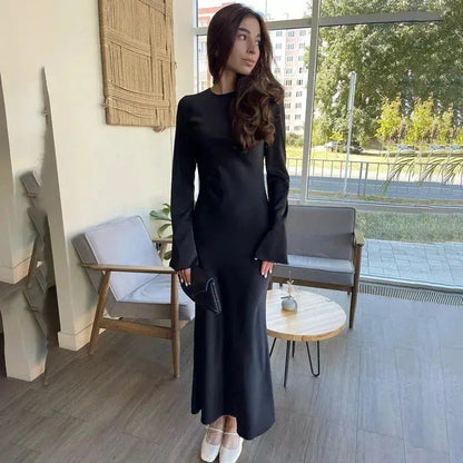 Cheky - Tossy Satin Fashion Slim Maxi Dress For Women Long Sleeve High Waist Elegant Solid Party Dress Casual Luxury Ladies Autumn Dress