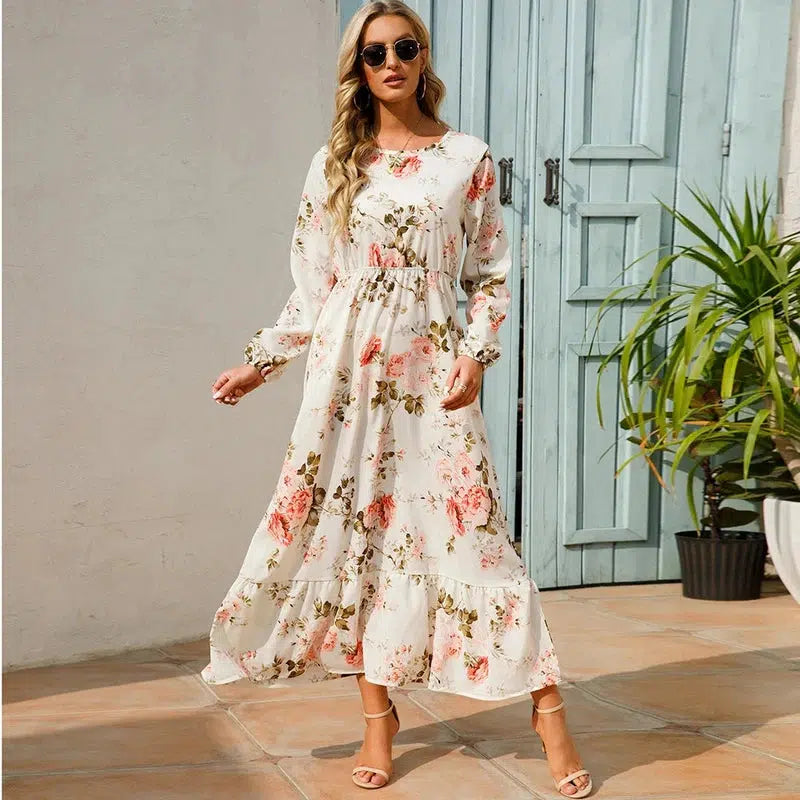 Cheky - 2023 Sping Summer Bohemian Women Maxi Dress Casual Long Sleeve High Waist Beach Woman Chiffon Dresses Floral Vestidoes Mujer New