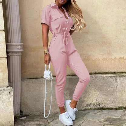 Cheky - Women's Monochromatic Belt Workwear Jumpsuit, Casual Pants, Flip Collar, Buckle, European and American, Summer, 2023