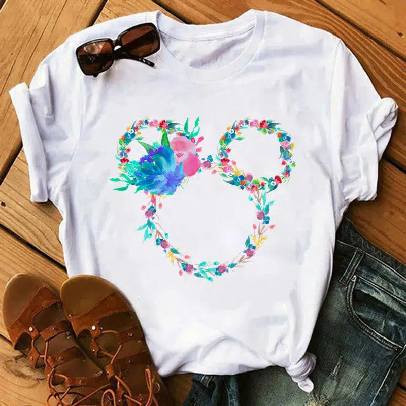 Cheky - Disney T Shirt Women Flower Minnie Mouse Clothes Leopard Print Kawaii T-Shirt Summer Tops Harajuku Black Women Tees