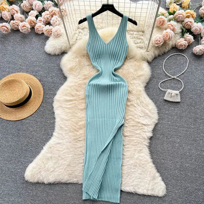 Cheky - YuooMuoo Chic Fashion Sexy Wrap Hips Split Knitted Autumn Dress Women Slim Elastic Bodycon Long Dress Streetwear Outfits Vestido