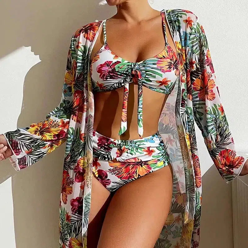 Cheky - Sexy High Waisted Bikini Three Pieces Floral Printed Swimsuit Women Bikini Set With Mesh Long-Sleeved Blouse Size S-3XL 2024 New