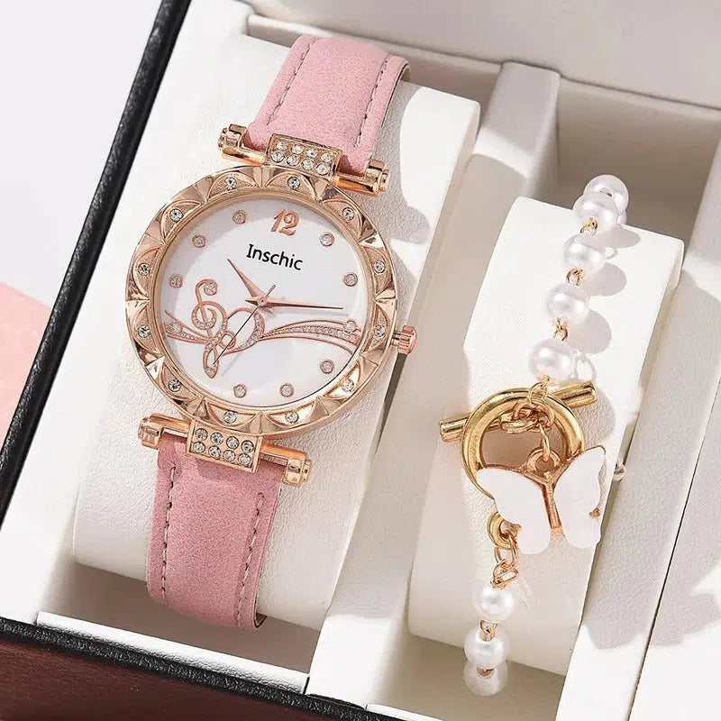 Cheky - Female New Luxury Ladies Watch Bracelet Set Quartz Wristwatch 2 PCS Set Women Watch Clock Gift Leather Strap Reloj Mujer