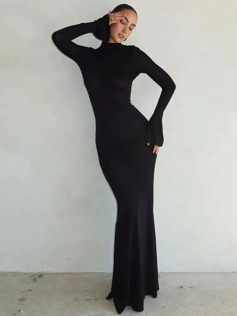 Cheky - Solid Backless Maxi Dress - Sexy Trumpet Sleeve Evening Wear