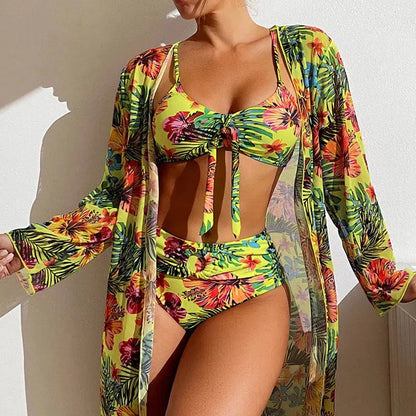 Cheky - Sexy High Waisted Bikini Three Pieces Floral Printed Swimsuit Women Bikini Set With Mesh Long-Sleeved Blouse Size S-3XL 2024 New