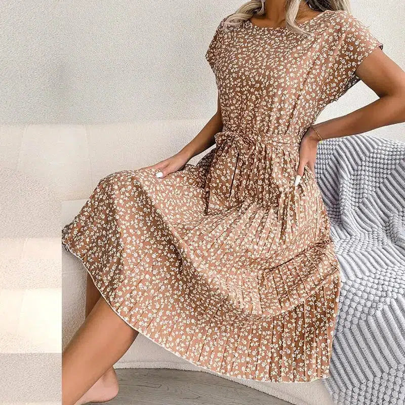 Cheky - Women Spring Summer Short Sleeve High Waist Chic Dress Fashion Floral Pleated A Line Long Dress