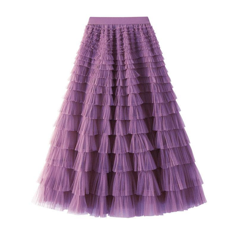 Cheky - A-Line Mesh Ruffle Skirt Women's Temperament Sweet Long Skirt Slim Cupcake Dress Womens Clothing