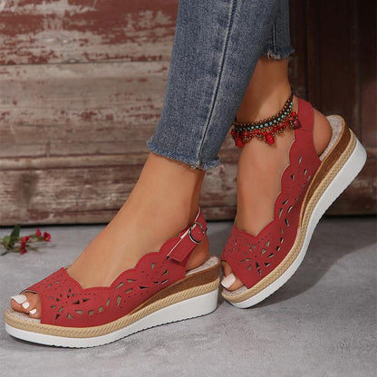 Cheky - New Fish-mouth Wedge Sandals Summer Thick-soled Hollow Buckle Roman Shoes For Women