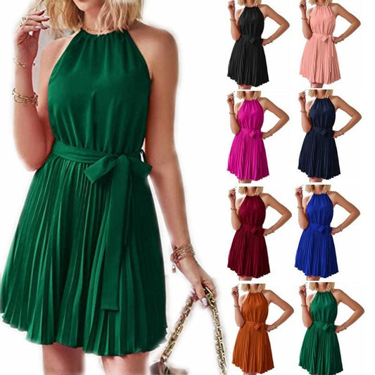 Cheky - Halter Strapless Dresses For Women Solid Pleated Skirt Summer Beach Sundress