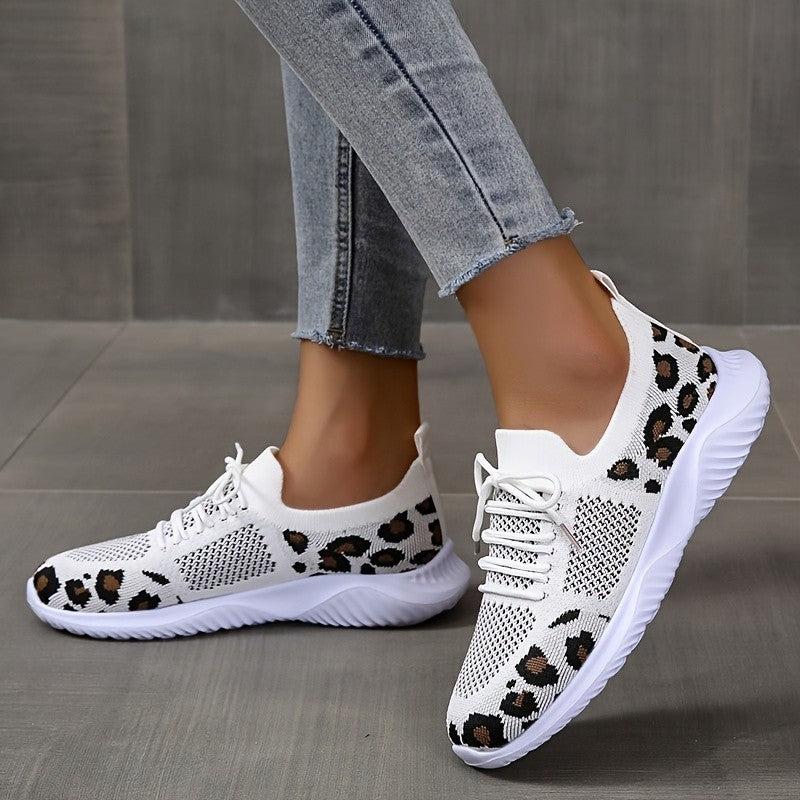 Cheky - White Shoes Women Leopard Print Lace-up Sneakers Sports