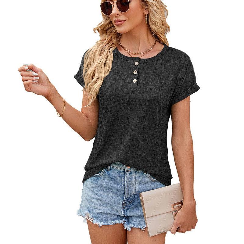 Cheky - Solid Color Round Neck Button Short Sleeve T-Shirt New Summer Loose Top For Womens Clothing