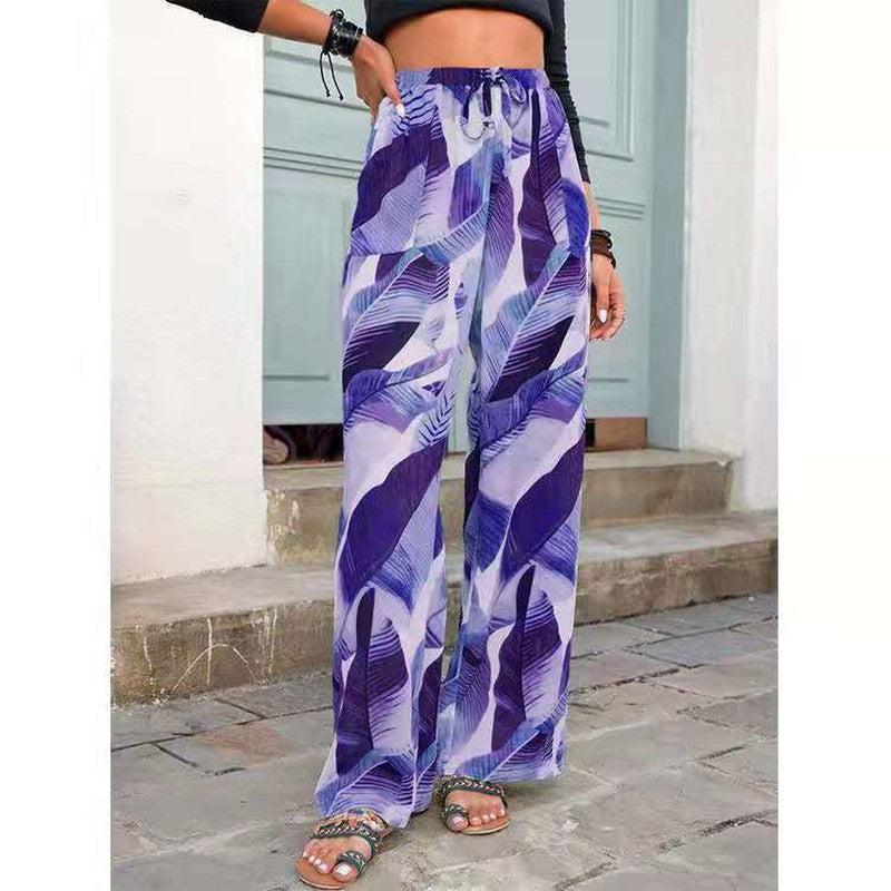 Cheky - Fashion Drawstring Leaf Print Beach Pants Summer Casual Loose Wide Leg Straight Trousers Womens Clothing