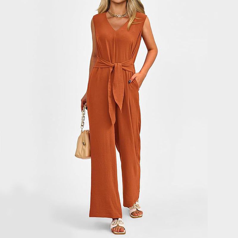 Cheky - New V-neck Sleeveless Long Jumpsuit With Pockets And Lace-up Design Wide-leg Straight Trousers Summer Womens Clothing