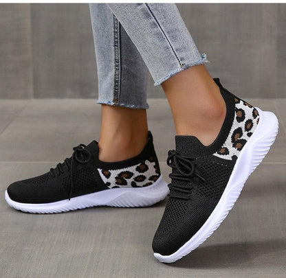 Cheky - White Shoes Women Leopard Print Lace-up Sneakers Sports