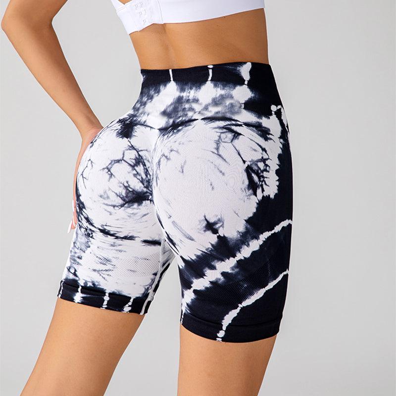 Cheky - Tie-dye Printed Yoga Shorts Fashion Seamless High-waisted Hip-lifting Pant Sports Running Fitness Pants For Womens Clothing