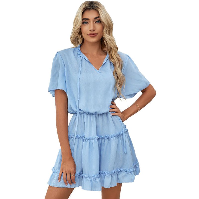 Cheky - Short Sleeve Dress Women's Ruffled V-neck