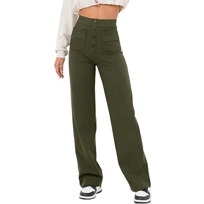 Cheky - Women's Clothing High Waist Pocket Wide Leg Button Casual Loose Straight Trousers