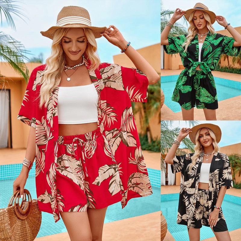 Cheky - 2pcs Casual Holiday Leaves Print Suit Summer Short Sleeve Shirt Top And Drawstring Shorts Sets For Womens Clothing