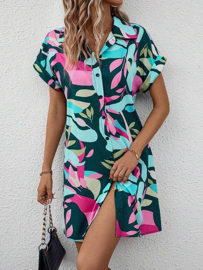 Cheky - New Floral Print Short Sleeve Shirt Dress Summer Fashion Lapel Loose A-line Dresses For Womens Clothing