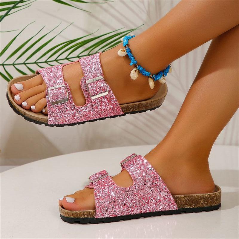 Cheky - Double Buckle Sandals For Women New Fashion Sequined Beach Shoes Summer Leisure Outdoor Slippers Slides