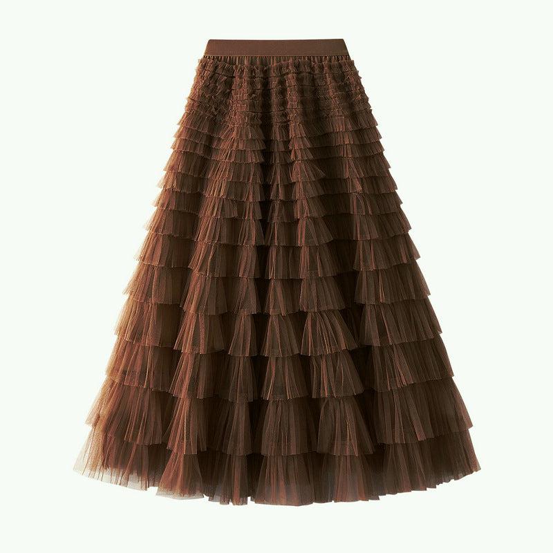 Cheky - A-Line Mesh Ruffle Skirt Women's Temperament Sweet Long Skirt Slim Cupcake Dress Womens Clothing