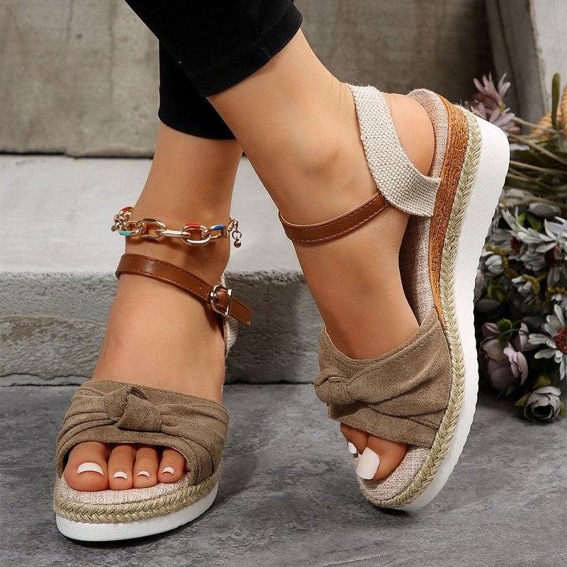 Cheky - New Thick-soled Bow Sandals Summer Fashion Casual Linen Buckle Wedges Shoes For Women