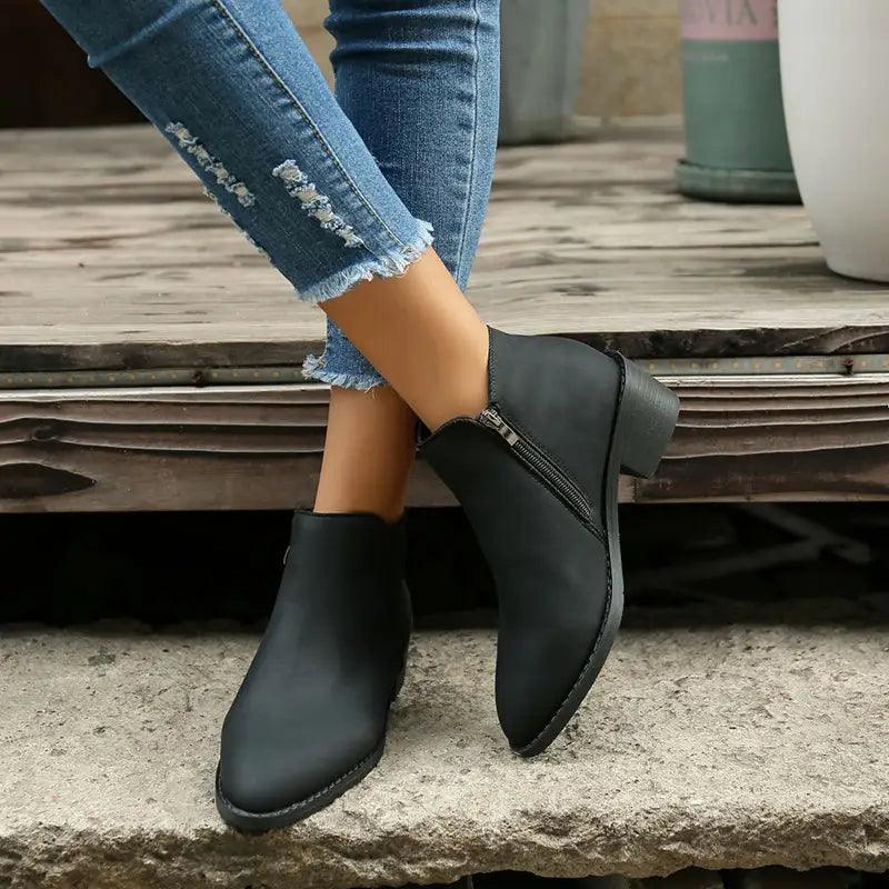 Cheky - Ankle Boots Women Chunky Mid Heel Shoes Waterproof Side Zipper Boots