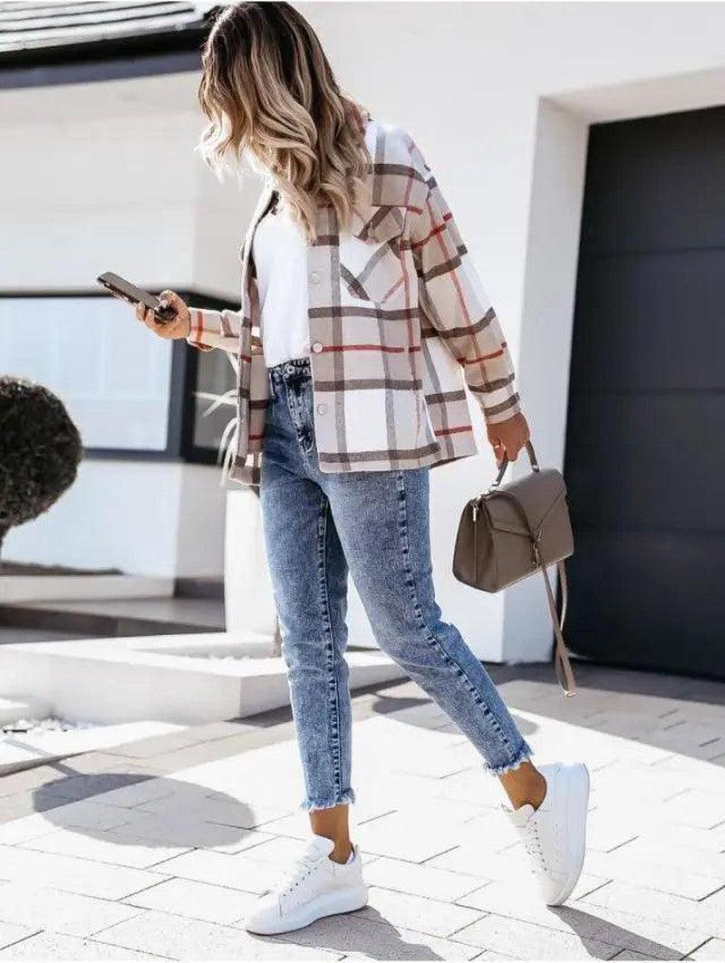 Cheky - Autumn And Winter Long-Sleeved Plaid Shirt Jacket Women