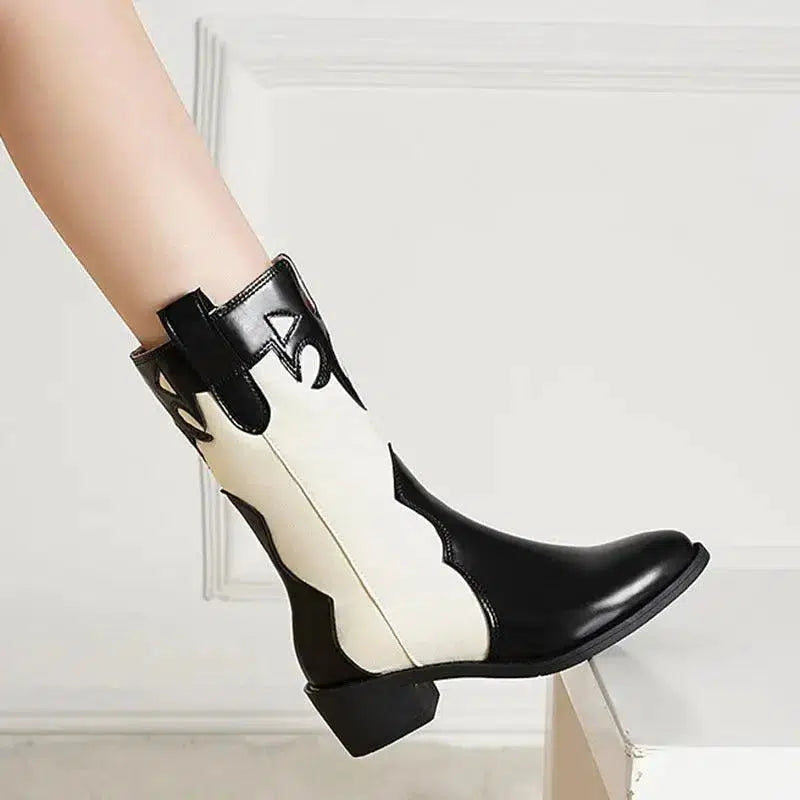 Cheky - Black White Cowboy Boots Women Low Heel Mid Calf Shoes